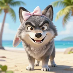 a photorealistic adorable fierce furry monster wolf rabbit with a bow on its ears, Smiling at the camera with a mischievous grin, happy lighting, at a tropical beach