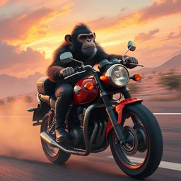 a monkey driving a motorcycle for a long dreamy journey, vibrant colors, extreme perspective, octane render, digital art