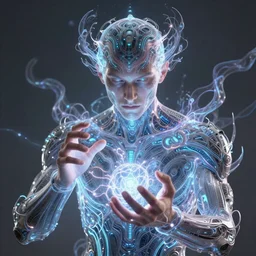 a powerful psychic man emitting psychic powers, detailed, highly detailed, aesthetic, highly aesthetic, crisp and clear, in focus, intricate, dystopian, cyber aesthetic, by Alexandros Pyromallis