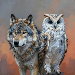 painting of hybrid between wolf & owl, intercrossed animal, mixture animal, by zdzislaw beksinski, by tiffany bozic, by chris buzelli, cold hue's, warm tone gradient background, concept art, beautiful composition, digital painting