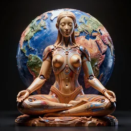 vibrant ultra clear wooden sculpture of beautiful cyborg meditation position monumental planet, by sandra chevrier l, cybernetics, low contrast, cinematic dramatic lighting, hyper realistic detailed intricate render, hypermaximalist, ornate, epic composition, 4 k 8 k, cryengine octane blender, sharp focus, concept art, masterpiece