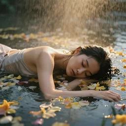 a photo of an asian female model sleeping and floating in a pond filled with petals, cinematic lighting, golden hour, raining