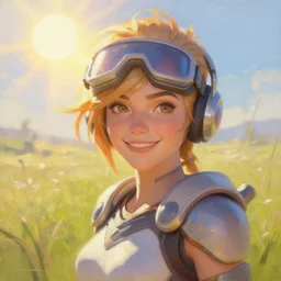 beautiful oil painting of tracer from the game overwatch in the style of mark arian, standing alone in grassy field, smiling while the sun shines down, feminine face, light rays, radiant quality, 4 k, brush strokes, anatomically accurate face, beautiful eyes, peaceful atmosphere, artstation, heavenly glow, tracer overwatch, tracer face, detailed face, smiling, tracer vizor,