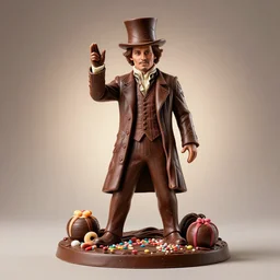 chocolate! sculpture of johnny depp as willy wonka, chocolate art, candy decorations, fully chocolate, studio lighting, food photography