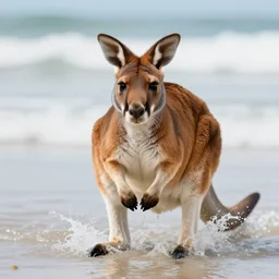 a closeup photorealistic photograph of a cute tiger kangaroo hybrid splashing in the surf during sunset. professional capture, well lit shot. this 4 k hd image is trending on artstation, featured on behance, well - rendered, extra crisp, features intricate detail, epic composition and the style of unreal engine.