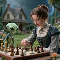 detailed, sharp, a girl playing chess with her pet alien creature, wearing 1860s era clothes, in the garden of a house on an alien planet, extremely highly detailed, hyperrealistic, highly detailed faces, 70 mm still from a period sci fi movie, 4k, HD