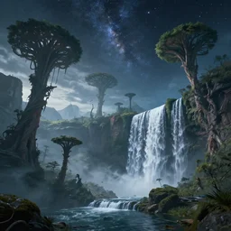 an alien landscape view, alien sky, star in the sky, alien waterfall, weird alien trees, alien mountains, epic composition, 4 k, detailed, realistic