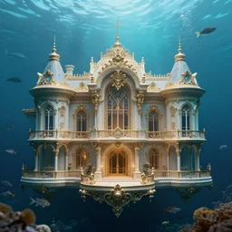 mansion at bottom of sea deep under water with fishes swimming, finely detailed, small details, extra detail, photorealistic, high resolution, vray, hdr, elite, ornate, elegant, luxury, dramatic lighting, octane render, weta digital, micro details, 3 d sculpture