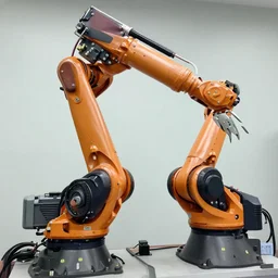 a humanoid industrial robot with hydraulics, motors, exposed wires and a beak