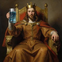 king on a throne with a water - filled tankard in his hand in the style of michael sowa
