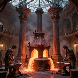 beautiful victorian forge furnace with large pillars, blacksmiths striking anvils, lava streams, magma cascades, glass ceilings, chains hanging from ceiling, light dust, by peter mohrbacher dan mumford craig mullins nekro, cgsociety, pixiv, volumetric light, 3 d render