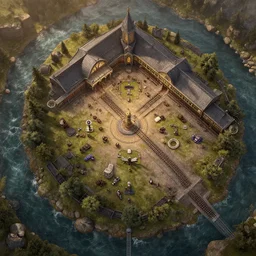 a topdown battlemap from 9 0 degrees angle of a an old train station, dnd encounter, river, rocks, dawn, extremely detailed, no people, photorealistic, octane render, 8 k, unreal engine 5. art by artgerm and greg rutkowski and alphonse mucha