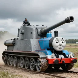 photo of Schwerer Gustav german ww2 railroad gun in the style of Thomas the Tank Engine