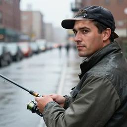 closeup portrait of a man fishing in a rainy new york street, photography, natural light, world press photo
