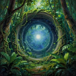 intergalactic stargate portal in the middle of a jungle, with vines and leaves entwining it by thomas kinkaid