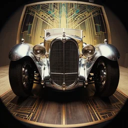 3 d fisheye, very low angle, wide angle, art deco poster showing front of exaggerated 1 9 3 0 s car, shiny, aerodynamic, dramatic lighting, joshua middleton, clay mann, artgerm