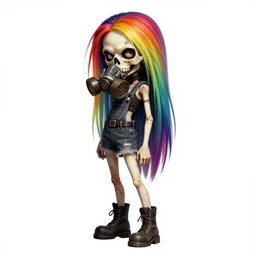 a grungy skull woman with rainbow hair, drunk, angry, soft eyes and narrow chin, dainty figure, long hair straight down, torn overalls, short shorts, combat boots, gasmask, basic white background, side boob, symmetrical, single person, style of by jordan grimmer and greg rutkowski, crisp lines and color,