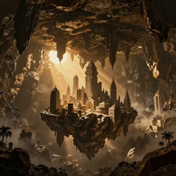 inception lovecraft city carved from rock underground another inverted upside down above, artstation, cinematic warm volumetric lighting