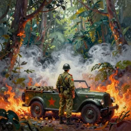 A lonely american soldier beholds the vastness of the jungle at the Vietnam War, fire and grey and white mist, boixcar style, vaporwave vaporwave vaporwave oil on canvas cover art with warm and vibrant colors, cinematic lighting, art by Stanley ‘Artgerm’ Lau, Greg Rutkowski and Alex Ross, award-winning masterpiece with incredible and beautiful details digital art, trending on artstation, smooth, HD, 4K