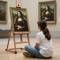 a young student sitting on the floor with her back towards us, with an easel, looking at a classic oil painting in the louvre, professional light, photo by jimmy nelson, 8 k, photorealistic imagery, trending on artstation, artstationhq, artstationhd