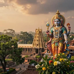 Hindu gods, temple, landscape, trees and flowers, warm soft colors