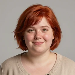 portrait of happy short and plump 5 0 - year - old woman with red hair and, kind face, short hair, wearing in cardigan, hyper realistic face, beautiful eyes, character art, art by mark brooks, hyperdetailed, cryengine, trending on artstation, digital art