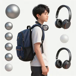 an concept art illustration, photorealistic asset sheet, material study of an asian boy with backpack and headphone, ultra realistic, style by wlop, trending in artstation, cgsociety, octane render, ultra sharp, concept illustration, digital painting, 8 k