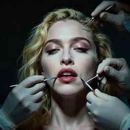 madonna performs cosmetic surgery on her own face with a scalpel. folk horror