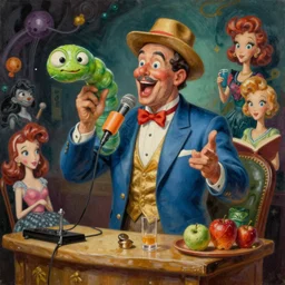 a photorealistic highly detailed painting of a vintage 1 9 5 0's game show host morphing into a worm by johfra bosschart, lisa frank, kinkade, visionary art, dark fantasy art, high detail, trending on artstation