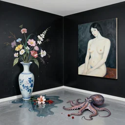 empty room with black walls, sensual portrait of a woman, japanese vase, spilled flowers, puddle of water, octopus, squashed berries, neo - expressionism, surrealism, acrylic and spray paint and oilstick on canvas