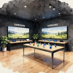 watercolor ink painting, artistic, masterful, atmospheric stylized lighting!!!!! ( ( ( ( ( serious grounded balanced muted flagship samsung store, black walls. timber floor. low ceilings with spots. curved furniture, with large digital screen. display tables with phones and tablets, pots with plants, large digital screens on the walls ) ) ) ) )