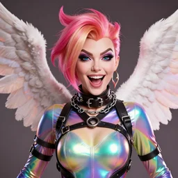 portrait bust digital artwork of tracer overwatch, wearing iridescent rainbow latex and leather straps catsuit outfit, 4 k, expressive whistling face, makeup, in style of mark arian, angel wings, wearing detailed leather collar, chains, black leather harness, detailed face and eyes,