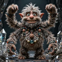 hyper realistic photography of hairy fluffy muppet show elf goblin monster with long arms, real teeth, glass beads clay amulets, full body, cinematic symmetric dark _ crystal, brian froud, alan lee, jean baptiste monge, scott radke
