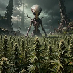 alien cannabis landrace field in the style of H.R. Giger, Zdzislaw Beksinski and Todd McFarlane