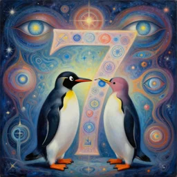 king pinguin eating the number 7, painting of abstract surrealist forms by yvonne mcgillivray by mandy jurgens by michael divine, powerful eyes glowing highly detailed painting, spiritual abstract forms, symmetrical, trending on art station, abstract emotional, very beautiful, fantasy digital art, highly detailed patterned visionary art, magic symbols, by michael divine, cosmic nebula