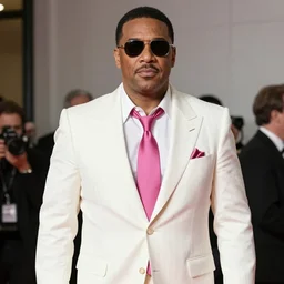 a large man in a white pinstriped suit, sunglasses, garish, 8 0 s fashion