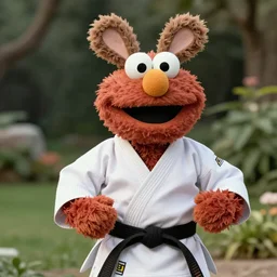 a fluffy muppet in the shape of elmo woth brown fur and with rabbit ears wearing a karate uniform out in nature, photography, photorealistic, muppet, national geohraphic