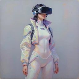 a full body illustration of an asian female cyberpunk character wearing VR goggle implants, highly detailed, oil on canvas, soft lighting, neon pastel colors, by WLOP and Greg Staples, HD, 4K