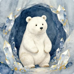 faerie bear in a crystal cave. this watercolor and gold leaf work by the award - winning comic artist has a beautiful composition and intricate details.