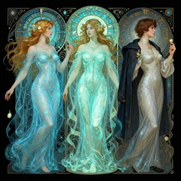 side profile photography of lawren harris and a. j. casson, maya ali, wind sorceresses, gloomhaven, luminescent, fantasy, intricate, elegant, highly detailed, luminescent, octane render aesthetic, matte painting concept art, sharp focus, illustration, art by artgerm and greg rutkowski and alphonse mucha