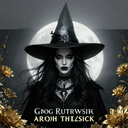 symmetrical centered portrait of Anna Millerstone as a Dark evil witch, big moon in the background, dramatic lighting, book cover illustration by Greg rutkowski, yoji shinkawa, 4k, digital art, concept art, trending on artstation, golden silver elements, empty grey space at the top, flower elements