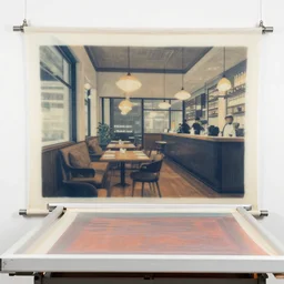 a silk screen of a restaurant by Barbara Nasmyth and Richard Mortensen