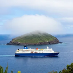 Small foggy island „La Gomera“, Canaria Islands, Big transatlantic ship going to the island’s port, lots of raining clouds around the island, very pleasing professionally taken photo, vibrant colours