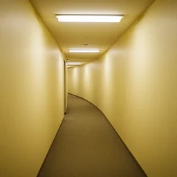 photo of long winding hallways with bland yellow wallpaper and soggy carpet bright fluorescent lighting overhead never - ending hallways, 8 k 3 2 mm f 8