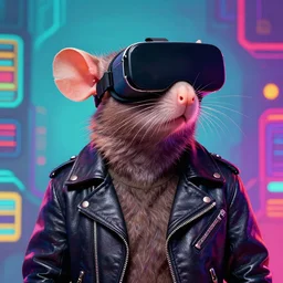 anthropomorphic rat wearing a leather jacket and VR goggles, psychedelic artwork, bright colors, cyberpunk background, by ruan jia