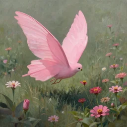 one pink fairy with large wings exploring her lonely flower garden by herself in the style of tom bagshaw, extremely detailed, muted colors