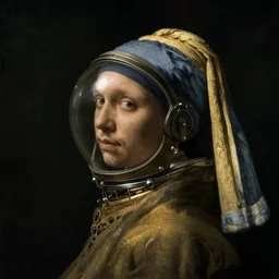 a man's face in profile, wearing a glass space helmet and a cloak, in the style of the dutch masters and gregory crewdson, dark and moody