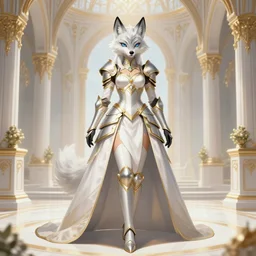 commissioned full body portrait of a female anthro furry wolf princess fursona with a feminine wolf head with white hair wearing a white and gold armored dress in a white and gold palace, by Wlop and jerry park, artstation, extremely detailed