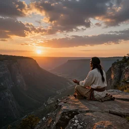 an shaman sitting at the top of a cliff, looking down at the valley, doing a vision quest, beautiful sunset, art by alex gray