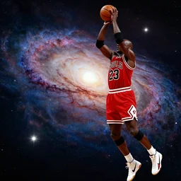 Michael Jordan playing basket ball, massive galaxy sky, in the the style of van gough